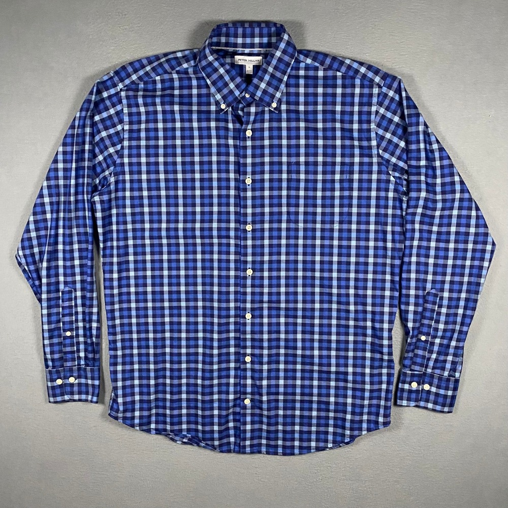 Peter Millar‎ Mens L Blue Gingham Performance Button Down Shirt MF23W17LTB - Picture 2 of 8